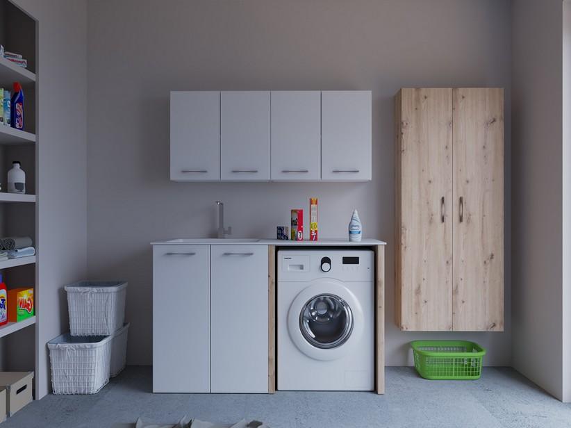 Meuble buanderie BONK 140 cm 2 portes avec lavabo en solid surface gauche - Blanc brillant/Chêne à nœuds | IperCeramica Meuble buanderie BONK 140 cm 2 portes avec lavabo en solid surface gauche - Blanc brillant/Chêne à nœuds | IperCeramica