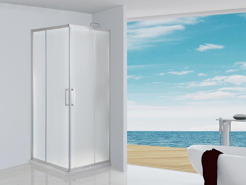 Cabine de douche d’angle Neptum 90x90 H190 Ext 87,5/89,5 cm portes coulissantes verre 6 mm satiné et profilés chrome | IperCeramica Cabine de douche d’angle Neptum 90x90 H190 Ext 87,5/89,5 cm portes coulissantes verre 6 mm satiné et profilés chrome | IperCeramica