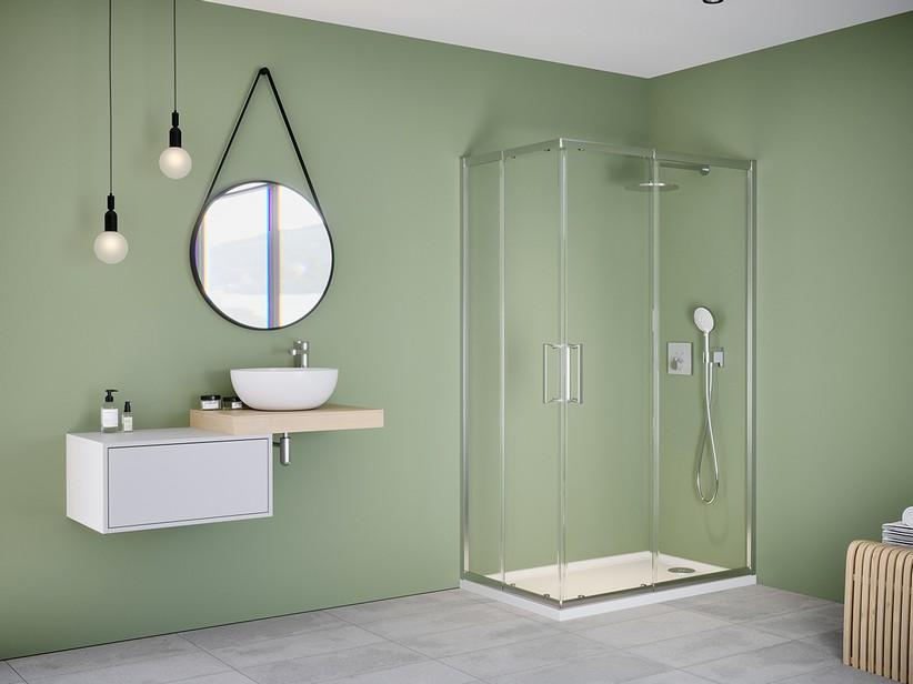 Cabine de douche d’angle Brezza 80x100 H195 Ext 74/80 - 94/100 portes coulissantes verre 6 mm transparent chrome | IperCeramica Cabine de douche d’angle Brezza 80x100 H195 Ext 74/80 - 94/100 portes coulissantes verre 6 mm transparent chrome | IperCeramica