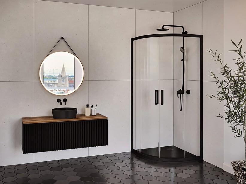 Cabine de douche semi-circulaire Renu 80x80 H195 Ext 77/80 portes coulissantes verre 6mm/8mm transparent noir mat | IperCeramica Cabine de douche semi-circulaire Renu 80x80 H195 Ext 77/80 portes coulissantes verre 6mm/8mm transparent noir mat | IperCeramica