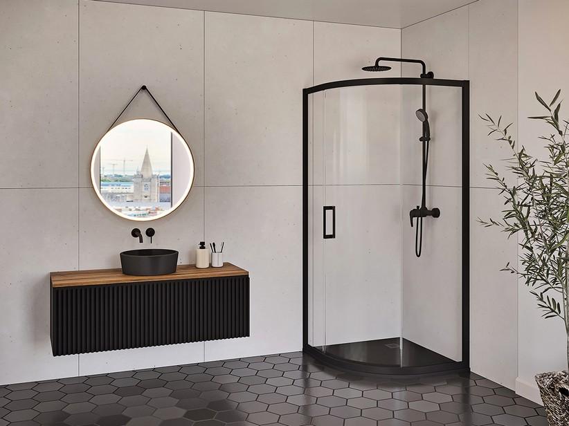 Cabine de douche semi-circulaire Renu 90x90 H195 Ext 87/90 porte coulissante verre 6mm/8mm transparent noir mat | IperCeramica Cabine de douche semi-circulaire Renu 90x90 H195 Ext 87/90 porte coulissante verre 6mm/8mm transparent noir mat | IperCeramica