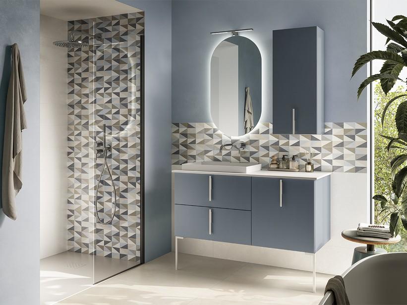 Meuble de salle de bains DESK 120 cm bleu mat - Poignées, pieds et lavabo STAR pierre blanc mat | IperCeramica Meuble de salle de bains DESK 120 cm bleu mat - Poignées, pieds et lavabo STAR pierre blanc mat | IperCeramica