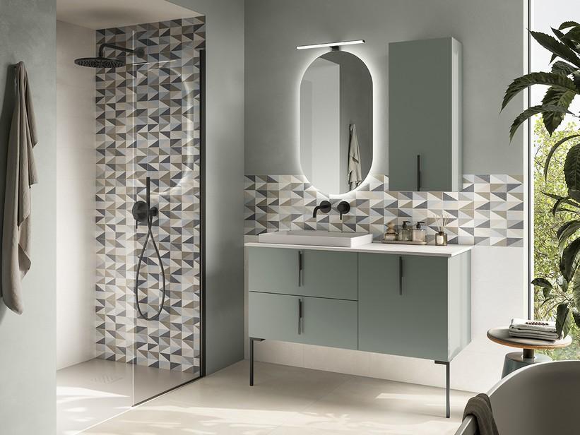 Meuble de salle de bains DESK 120 cm vert mat - Poignées et pieds noir mat avec lavabo STAR pierre blanc mat | IperCeramica Meuble de salle de bains DESK 120 cm vert mat - Poignées et pieds noir mat avec lavabo STAR pierre blanc mat | IperCeramica