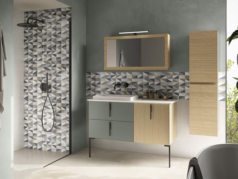 Meuble de salle de bains DESK 120 cm chêne/vert mat - Poignées et pieds noir mat avec lavabo STAR blanc mat | IperCeramica Meuble de salle de bains DESK 120 cm chêne/vert mat - Poignées et pieds noir mat avec lavabo STAR blanc mat | IperCeramica