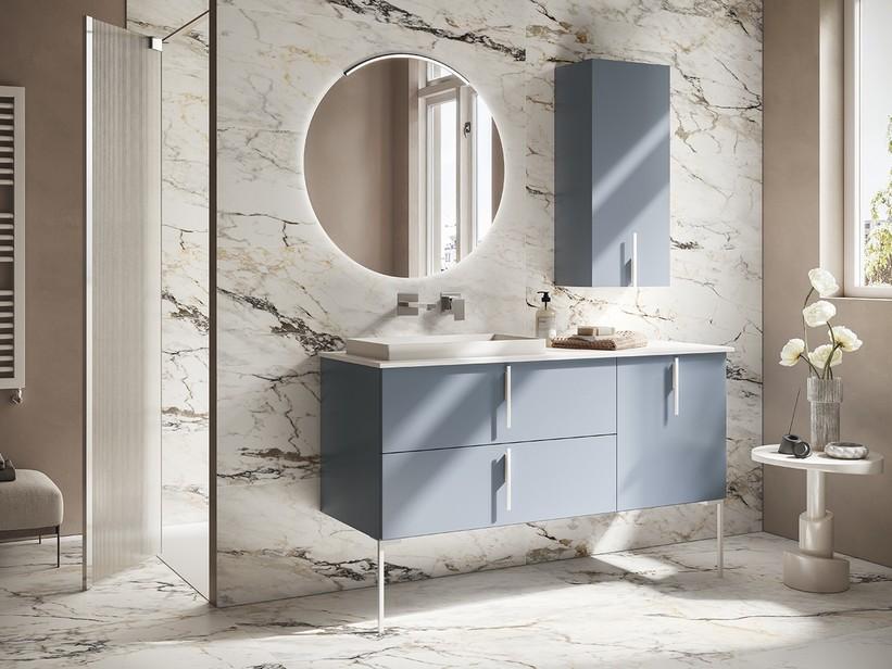 Meuble de salle de bains DESK 140 cm bleu mat - Poignées et pieds avec lavabo STAR blanc mat | IperCeramica Meuble de salle de bains DESK 140 cm bleu mat - Poignées et pieds avec lavabo STAR blanc mat | IperCeramica