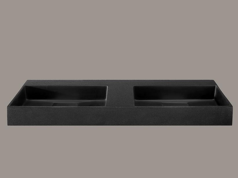 Lavabo Unitop double vasque Quadro 140x48 cm en résine effet pierre bouchardée noir semi-brillant | IperCeramica Lavabo Unitop double vasque Quadro 140x48 cm en résine effet pierre bouchardée noir semi-brillant | IperCeramica