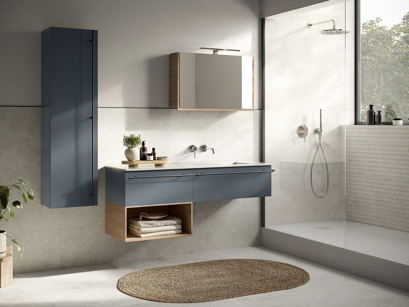 Meuble de salle de bains LUMI L140 cm 2 tiroirs finition noyer/bleu mat lavabo Unitop HIDE droite en résine blanc brillant | IperCeramica Meuble de salle de bains LUMI L140 cm 2 tiroirs finition noyer/bleu mat lavabo Unitop HIDE droite en résine blanc brillant | IperCeramica
