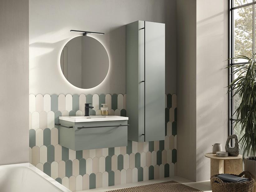 Meuble de salle de bains LUMI L60 cm 1 tiroir finition vert mat avec lavabo Unitop HIDE en résine blanc mat | IperCeramica Meuble de salle de bains LUMI L60 cm 1 tiroir finition vert mat avec lavabo Unitop HIDE en résine blanc mat | IperCeramica