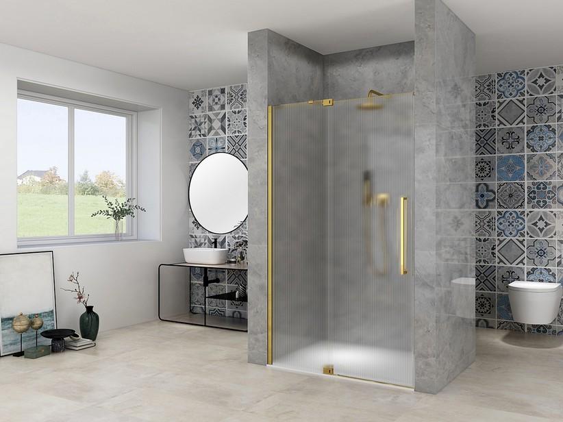 Porte de douche battante Mantra 100xH200 Ext 95/105 cm verre 8mm strié or brossé | IperCeramica Porte de douche battante Mantra 100xH200 Ext 95/105 cm verre 8mm strié or brossé | IperCeramica
