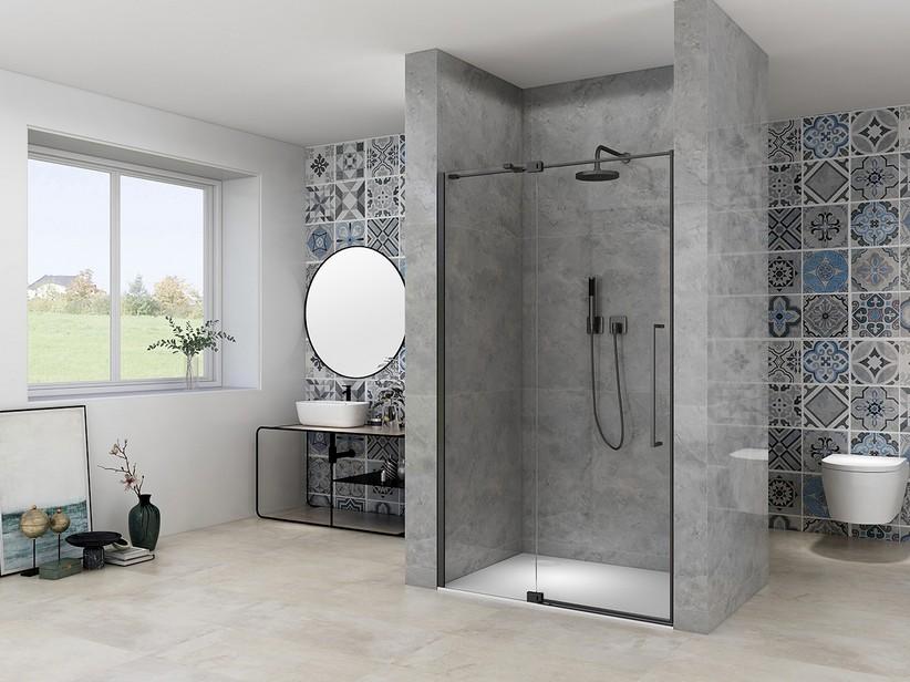 Porte de douche battante Mantra 100xH200 Ext 95/105 cm verre 8mm transparent noir mat | IperCeramica Porte de douche battante Mantra 100xH200 Ext 95/105 cm verre 8mm transparent noir mat | IperCeramica