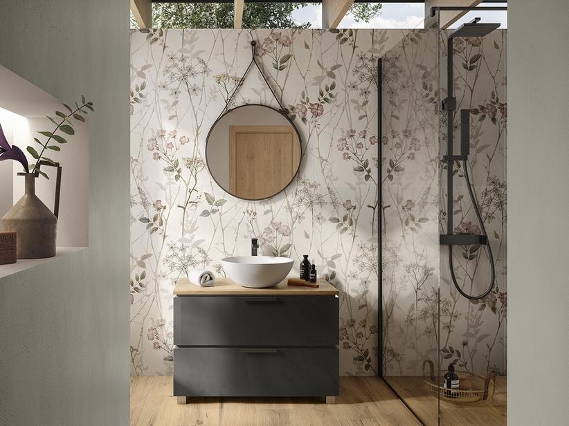 Meuble salle de bain TOUCH 90 cm avec 2 tiroirs anthracite brillant et plan en chêne noeuds | IperCeramica Meuble salle de bain TOUCH 90 cm avec 2 tiroirs anthracite brillant et plan en chêne noeuds | IperCeramica