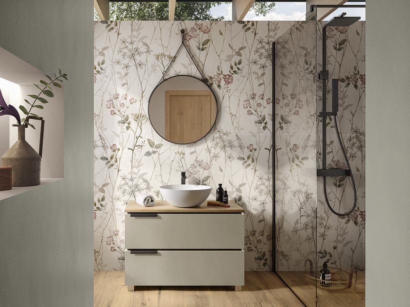 Meuble salle de bain TOUCH 90 cm avec 2 tiroirs taupe brillant et plan en chêne noeuds | IperCeramica Meuble salle de bain TOUCH 90 cm avec 2 tiroirs taupe brillant et plan en chêne noeuds | IperCeramica