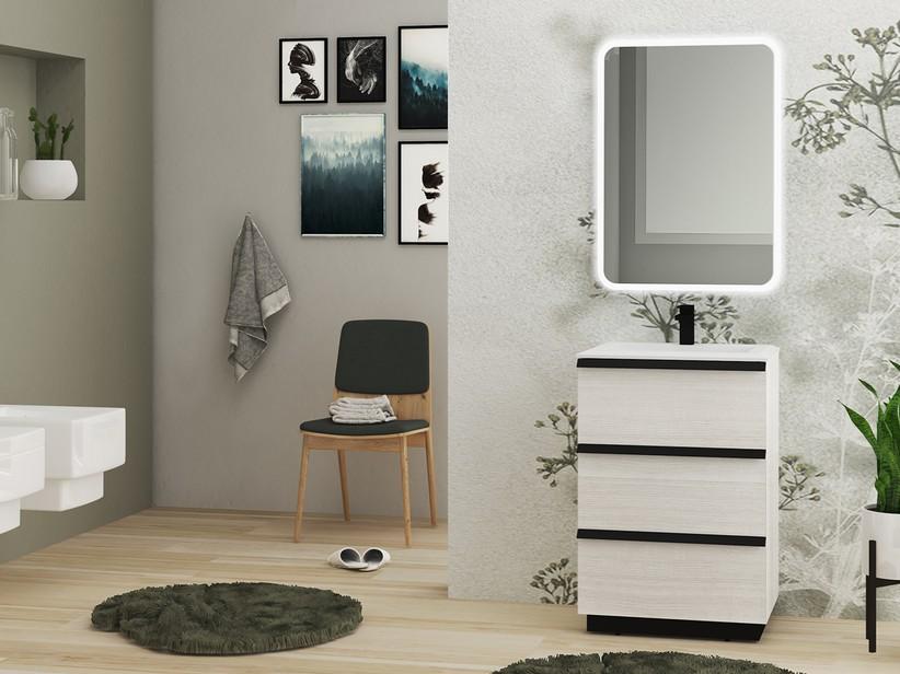 Meuble de salle de bains Noho 61 cm avec 3 tiroirs blanc rock et plan de vasque en résine blanc mat | IperCeramica Meuble de salle de bains Noho 61 cm avec 3 tiroirs blanc rock et plan de vasque en résine blanc mat | IperCeramica