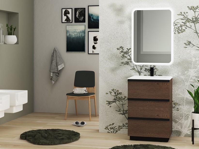 Meuble de salle de bains Noho 61 cm avec 3 tiroirs frêne foncé et plan de vasque en résine blanc mat | IperCeramica Meuble de salle de bains Noho 61 cm avec 3 tiroirs frêne foncé et plan de vasque en résine blanc mat | IperCeramica