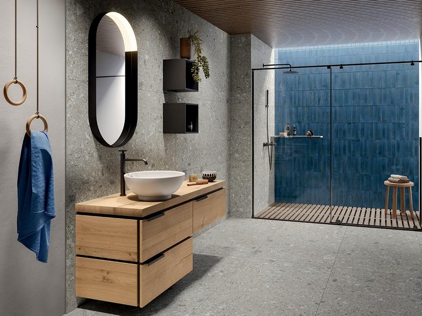 Meuble de salle de bain OXYGEN 140 cm avec 3 tiroirs et un plateau de 4,5 cm en chêne naturel à nœuds | IperCeramica Meuble de salle de bain OXYGEN 140 cm avec 3 tiroirs et un plateau de 4,5 cm en chêne naturel à nœuds | IperCeramica