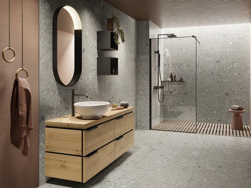 Meuble de salle de bain OXYGEN 140 cm avec 4 tiroirs et un plan de 4,5 cm en chêne naturel à nœuds | IperCeramica Meuble de salle de bain OXYGEN 140 cm avec 4 tiroirs et un plan de 4,5 cm en chêne naturel à nœuds | IperCeramica