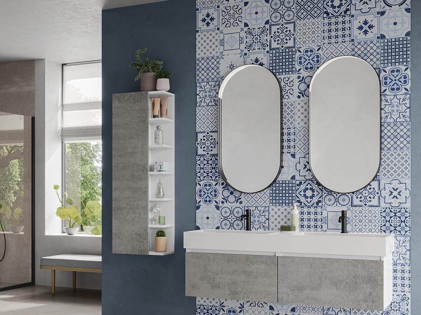 Meuble salle de bains Qubo 140 cm Blanc Matrix/Gris oxyde avec lavabo en résine double vasque blanc rugueux | IperCeramica Meuble salle de bains Qubo 140 cm Blanc Matrix/Gris oxyde avec lavabo en résine double vasque blanc rugueux | IperCeramica