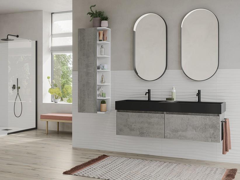 Meuble salle de bains Qubo 140 cm Gris oxyde avec lavabo en résine double vasque noir rugueux | IperCeramica Meuble salle de bains Qubo 140 cm Gris oxyde avec lavabo en résine double vasque noir rugueux | IperCeramica