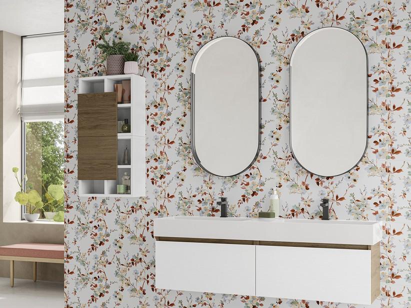 Meuble salle de bains Qubo 140 cm Sherwood/Blanc Matrix avec lavabo en résine double vasque blanc mat | IperCeramica Meuble salle de bains Qubo 140 cm Sherwood/Blanc Matrix avec lavabo en résine double vasque blanc mat | IperCeramica