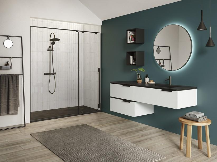 Meuble de salle bains TOUCH 160 cm 3 tiroirs blanc mat et lavabo Unitop HIDE droit en résine effet pierre noir | IperCeramica Meuble de salle bains TOUCH 160 cm 3 tiroirs blanc mat et lavabo Unitop HIDE droit en résine effet pierre noir | IperCeramica