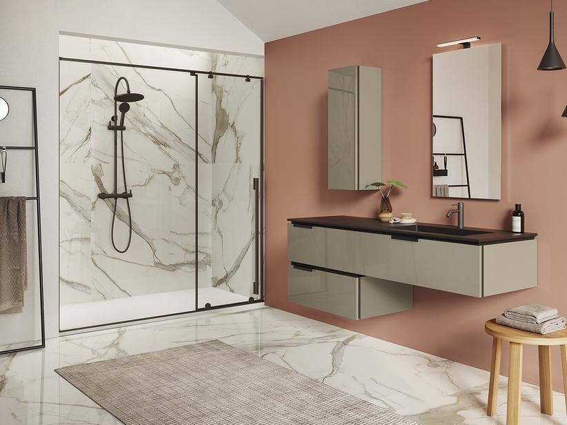 Meuble salle de bain TOUCH 160 cm 3 tiroirs taupe brillant lavabo unitop HIDE droit en résine effet pierre noir | IperCeramica Meuble salle de bain TOUCH 160 cm 3 tiroirs taupe brillant lavabo unitop HIDE droit en résine effet pierre noir | IperCeramica