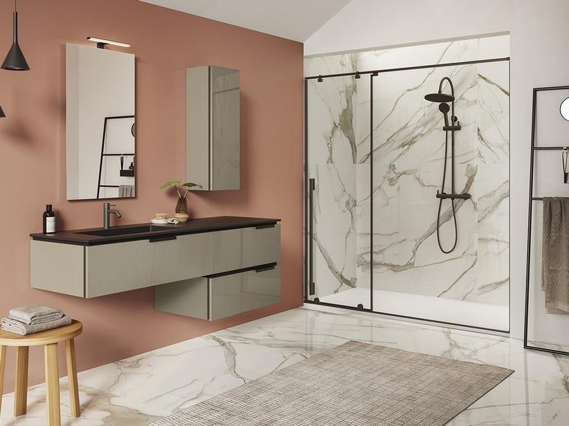 Meuble salle de bain TOUCH 160 cm 3 tiroirs taupe brillant lavabo unitop HIDE gauche en résine effet pierre noir | IperCeramica Meuble salle de bain TOUCH 160 cm 3 tiroirs taupe brillant lavabo unitop HIDE gauche en résine effet pierre noir | IperCeramica