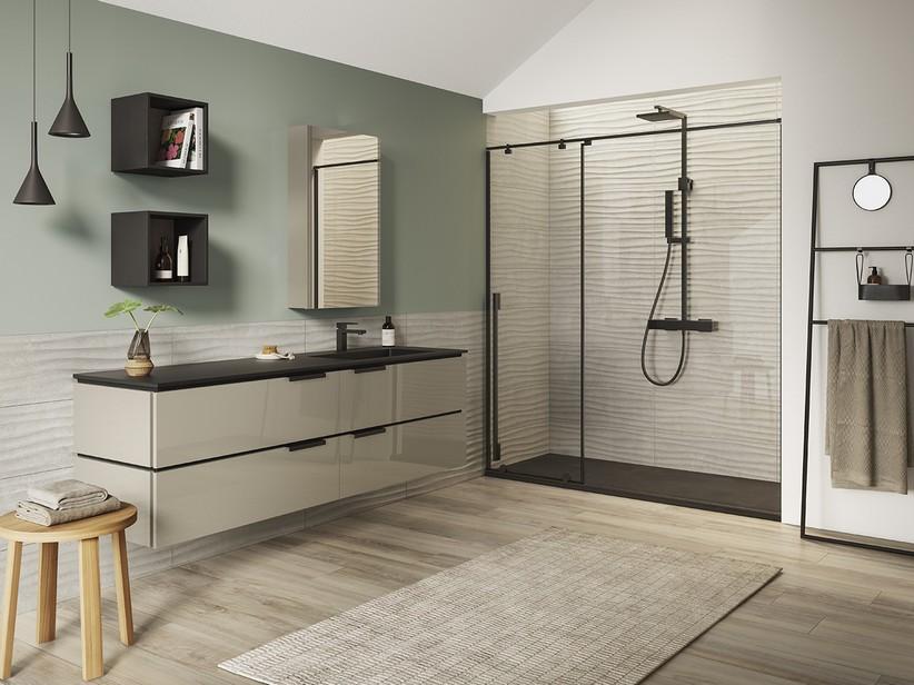 Meuble salle de bain TOUCH 180 cm 4 tiroirs taupe brillant lavabo unitop HIDE droit en résine effet pierre noir | IperCeramica Meuble salle de bain TOUCH 180 cm 4 tiroirs taupe brillant lavabo unitop HIDE droit en résine effet pierre noir | IperCeramica