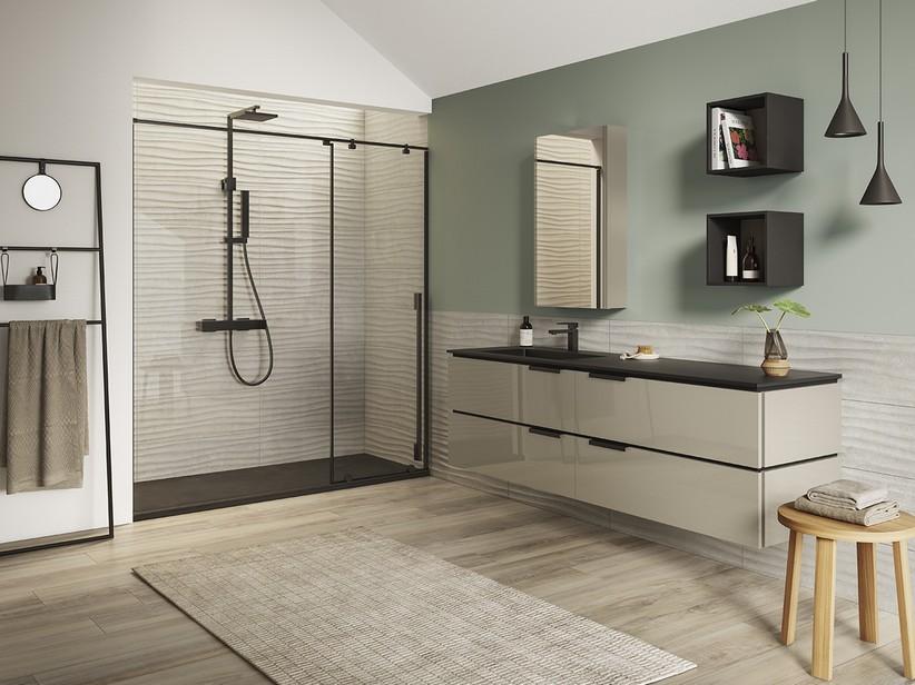 Meuble salle de bain TOUCH 180 cm 4 tiroirs taupe brillant lavabo unitop HIDE gauche en résine effet pierre noir | IperCeramica Meuble salle de bain TOUCH 180 cm 4 tiroirs taupe brillant lavabo unitop HIDE gauche en résine effet pierre noir | IperCeramica