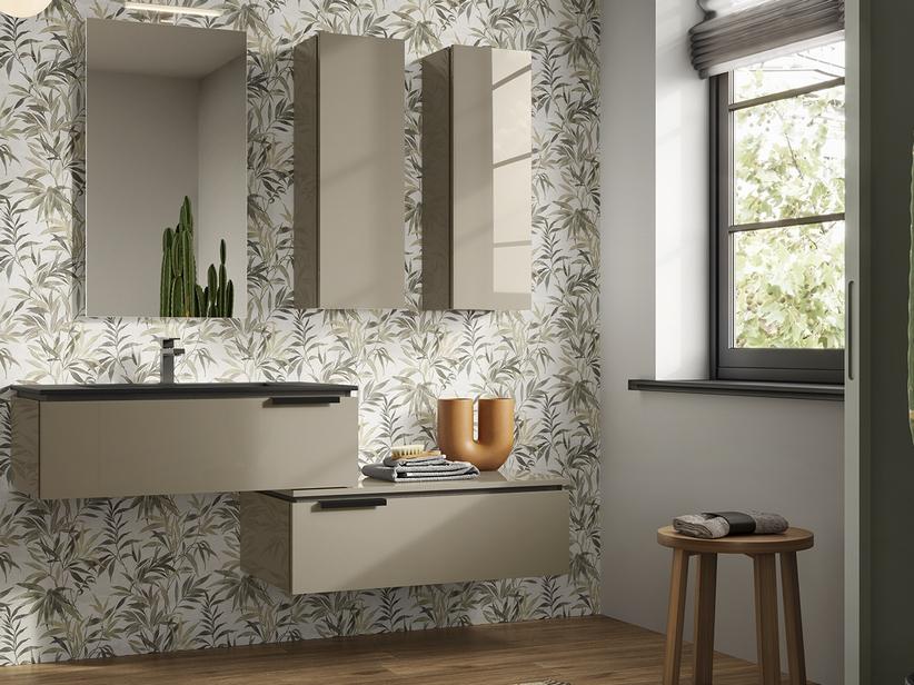 Meuble salle de bain TOUCH 90 cm avec 1 tiroir taupe brillant et lavabo unitop HIDE en résine effet pierre noir | IperCeramica Meuble salle de bain TOUCH 90 cm avec 1 tiroir taupe brillant et lavabo unitop HIDE en résine effet pierre noir | IperCeramica