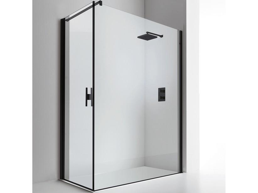 Cabine de douche d'angle Plano 90x90 H200 Ext 87/89-86/88 cm-Porte pivotante gauche paroi douche verre 8 mm transp noir mat | IperCeramica Cabine de douche d'angle Plano 90x90 H200 Ext 87/89-86/88 cm-Porte pivotante gauche paroi douche verre 8 mm transp noir mat | IperCeramica