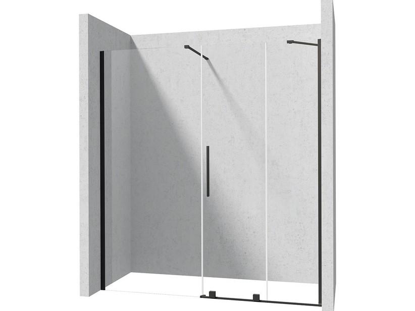 Porte coulissante Prizma, paroi fixe alignée 200 H195 cm ext. 118/120-76/78 cm verre 6 mm transparent noir mat | IperCeramica Porte coulissante Prizma, paroi fixe alignée 200 H195 cm ext. 118/120-76/78 cm verre 6 mm transparent noir mat | IperCeramica