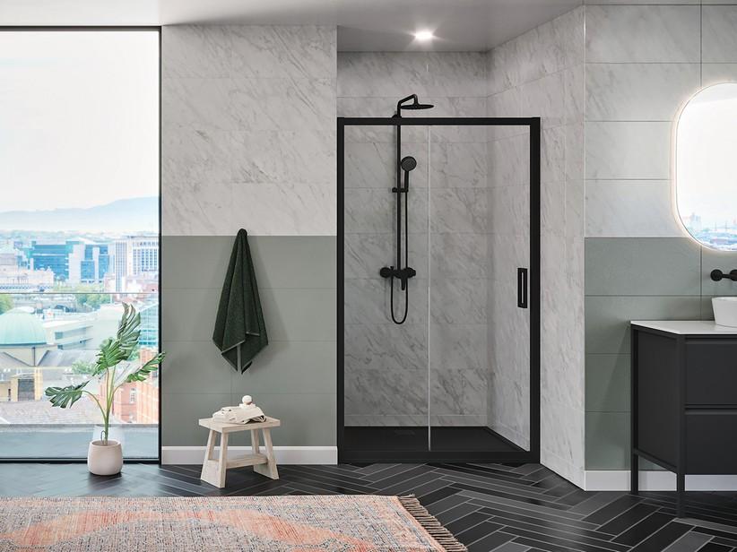 Porte de douche coulissante Renu 100xH195 Ext 94/100 cm verre 6mm/8mm transparent noir mat | IperCeramica Porte de douche coulissante Renu 100xH195 Ext 94/100 cm verre 6mm/8mm transparent noir mat | IperCeramica