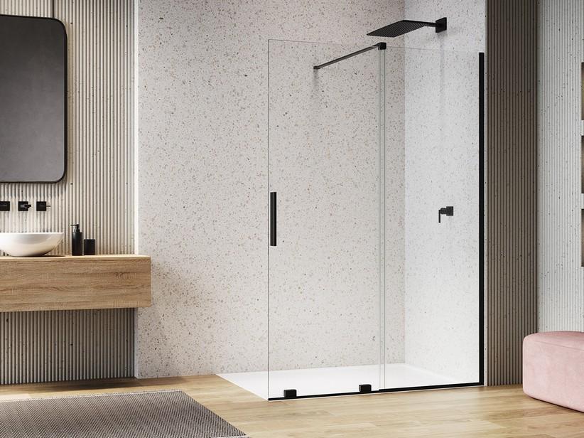 Douche à l’italienne avec porte coulissante Smooth 160xH200 Ext 1 cm verre transparent 8 mm profilés noir mat | IperCeramica Douche à l’italienne avec porte coulissante Smooth 160xH200 Ext 1 cm verre transparent 8 mm profilés noir mat | IperCeramica