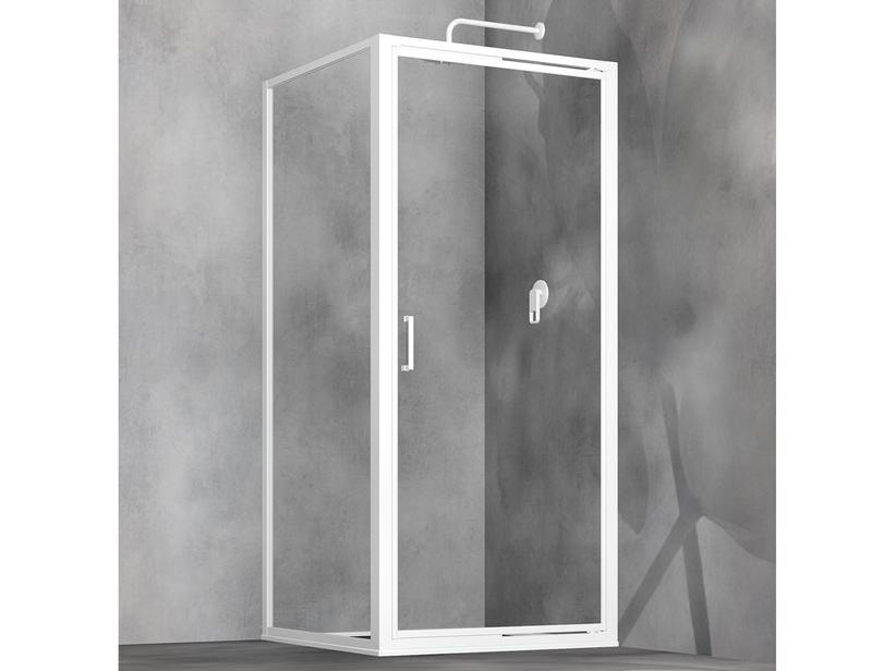 Cabine de douche d'angle Start 90x90 H190 Ext 87/93 - 87/93 pte pivot.+paroi lat. verre con transp. et prof. blanc chromé | IperCeramica Cabine de douche d'angle Start 90x90 H190 Ext 87/93 - 87/93 pte pivot.+paroi lat. verre con transp. et prof. blanc chromé | IperCeramica