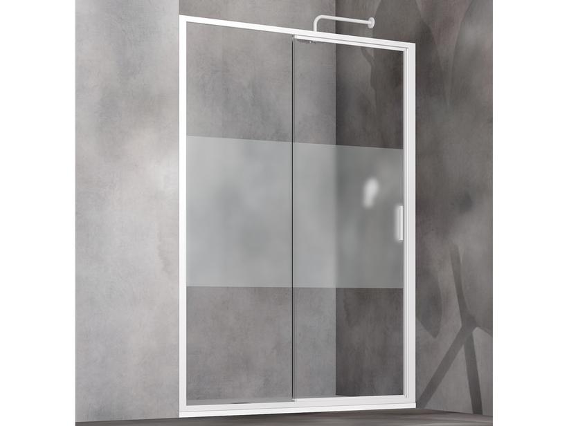 Porte douche Start 100 cm H190 Ext 96/102 à 1 battant coulissant verre avec bande satinée et profilé blanc brillant | IperCeramica Porte douche Start 100 cm H190 Ext 96/102 à 1 battant coulissant verre avec bande satinée et profilé blanc brillant | IperCeramica
