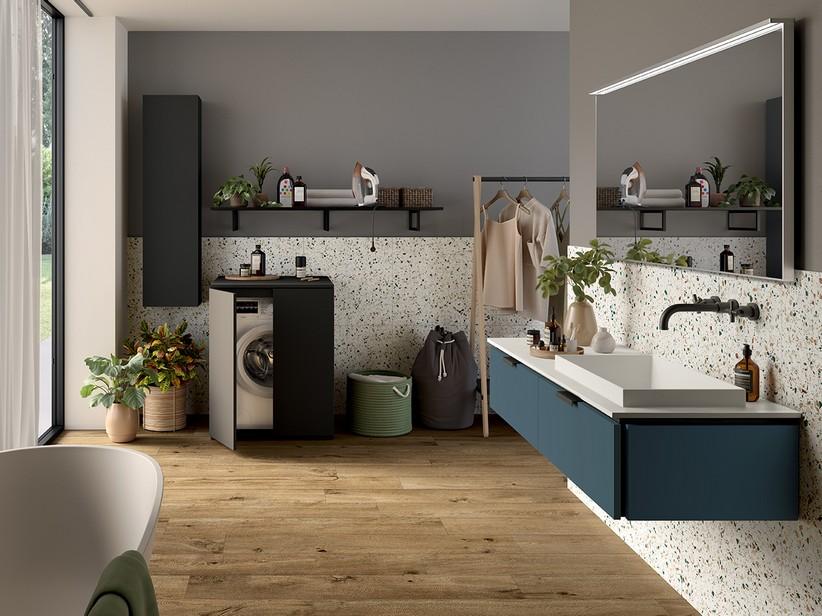 Meuble de salle de bains TOUCH 140 cm 2 tiroirs bleu nuit mat et lavabo Unitop à droite semi-encastré STAR blanc mat | IperCeramica Meuble de salle de bains TOUCH 140 cm 2 tiroirs bleu nuit mat et lavabo Unitop à droite semi-encastré STAR blanc mat | IperCeramica