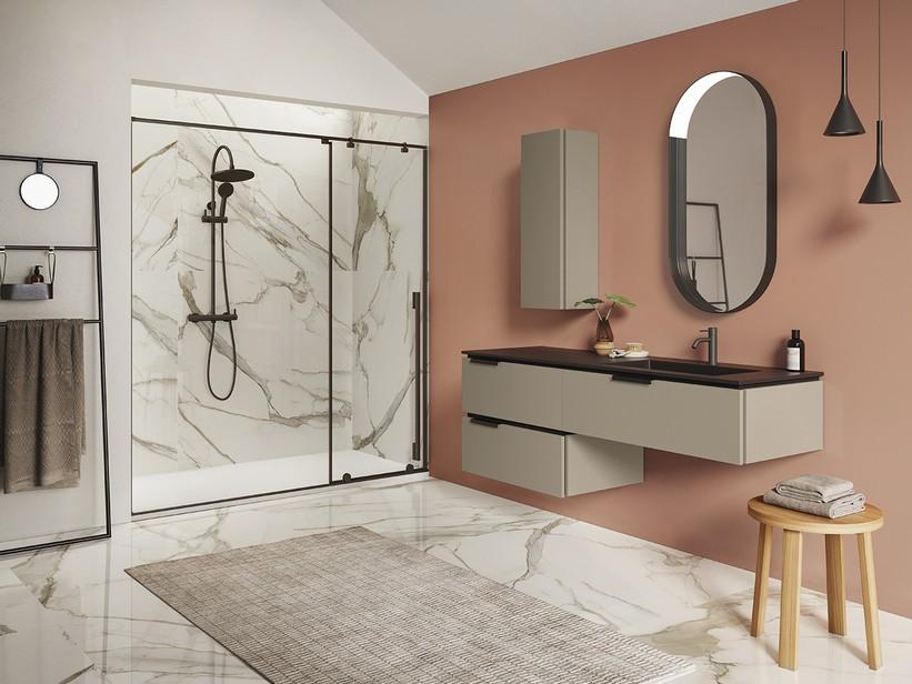 Meuble de salle de bains TOUCH 160 cm 3 tiroirs taupe mat et lavabo Unitop HIDE droite en résine effet pierre noir | IperCeramica Meuble de salle de bains TOUCH 160 cm 3 tiroirs taupe mat et lavabo Unitop HIDE droite en résine effet pierre noir | IperCeramica
