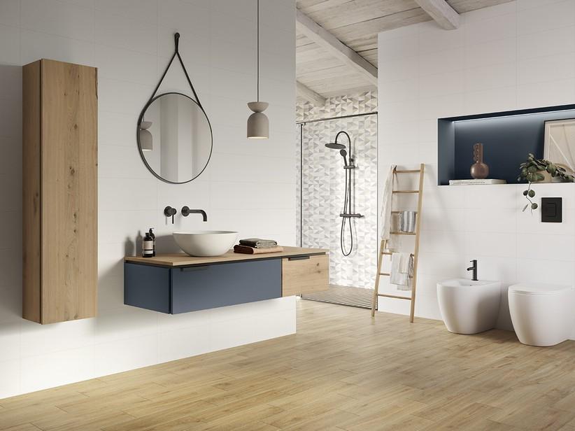 Meuble salle de bains TOUCH 140 cm 1 tiroir à droite et plan chêne à nœuds et 1 tiroir bleu mat | IperCeramica Meuble salle de bains TOUCH 140 cm 1 tiroir à droite et plan chêne à nœuds et 1 tiroir bleu mat | IperCeramica