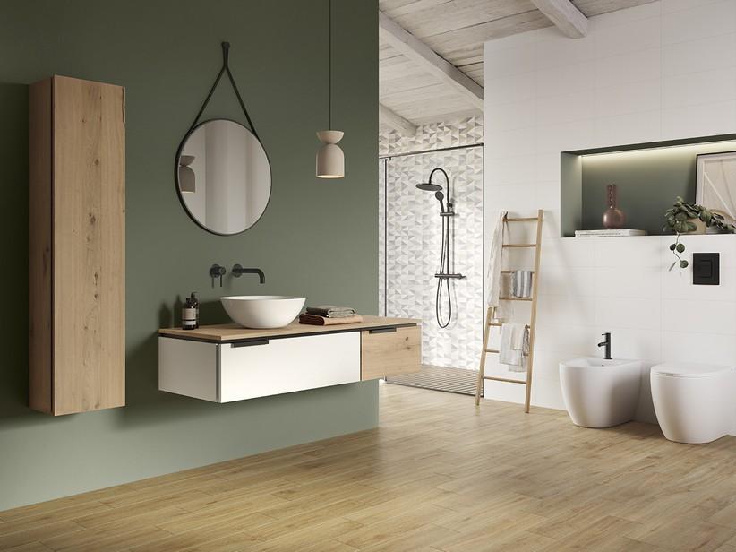 Meuble salle de bains TOUCH 140 cm 1 tiroir à droite et plan chêne à nœuds et 1 tiroir blanc mat | IperCeramica Meuble salle de bains TOUCH 140 cm 1 tiroir à droite et plan chêne à nœuds et 1 tiroir blanc mat | IperCeramica