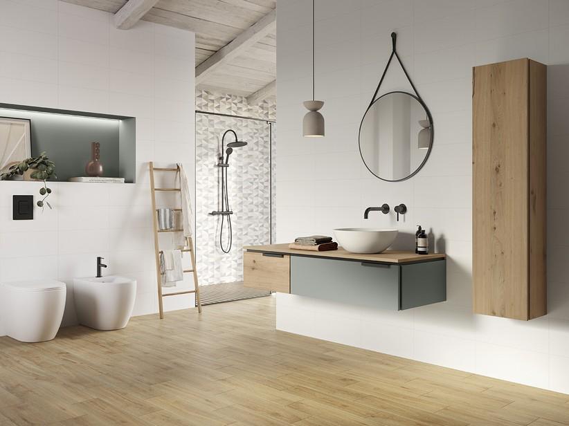 Meuble salle de bains TOUCH 140 cm 1 tiroir à gauche et plan chêne à nœuds et 1 tiroir vert sauge mat | IperCeramica Meuble salle de bains TOUCH 140 cm 1 tiroir à gauche et plan chêne à nœuds et 1 tiroir vert sauge mat | IperCeramica