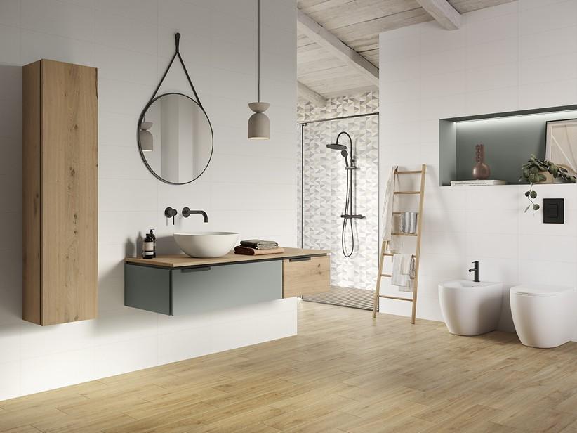 Meuble salle de bains TOUCH 140 cm 1 tiroir à droite et plan chêne à nœuds et 1 tiroir vert sauge mat | IperCeramica Meuble salle de bains TOUCH 140 cm 1 tiroir à droite et plan chêne à nœuds et 1 tiroir vert sauge mat | IperCeramica