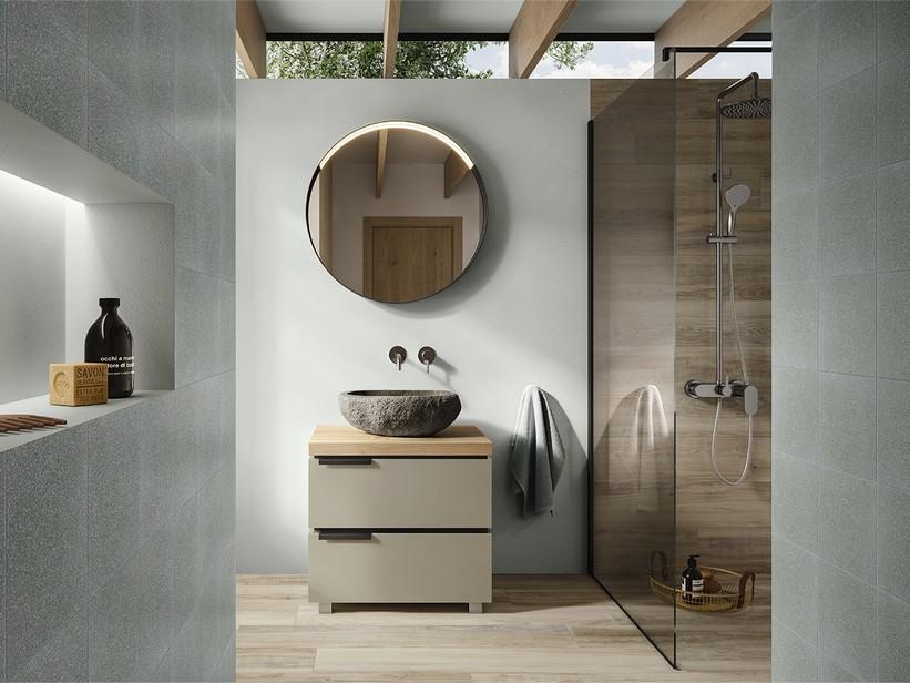 Meuble salle de bains TOUCH 90 cm 2 tiroirs taupe mat et plan 4,5 cm chêne à nœuds | IperCeramica Meuble salle de bains TOUCH 90 cm 2 tiroirs taupe mat et plan 4,5 cm chêne à nœuds | IperCeramica