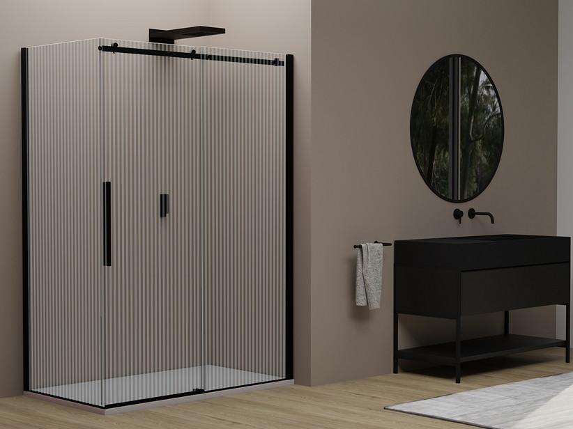Cabine de douche d’angle Velo cm 100x90 H200 Ext 97/99 - 87/89 porte coulissante droite verre sérigraphié profilés noir mat | IperCeramica Cabine de douche d’angle Velo cm 100x90 H200 Ext 97/99 - 87/89 porte coulissante droite verre sérigraphié profilés noir mat | IperCeramica