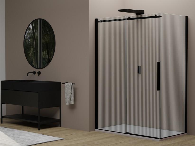Cabine de douche d’angle Velo cm 100x90 H200 Ext 97/99 - 87/89 porte coulissante gauche verre sérigraphié profilés noir mat | IperCeramica Cabine de douche d’angle Velo cm 100x90 H200 Ext 97/99 - 87/89 porte coulissante gauche verre sérigraphié profilés noir mat | IperCeramica