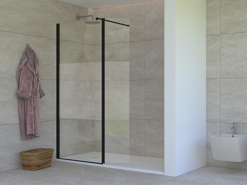 Douche à l’italienne Miro’ 130 cm H200 gauche déflecteur verre 6 mm transparent sérigraphié profilés noir mat | IperCeramica Douche à l’italienne Miro’ 130 cm H200 gauche déflecteur verre 6 mm transparent sérigraphié profilés noir mat | IperCeramica